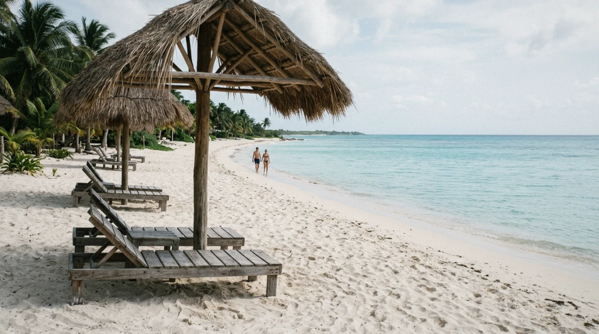 Loungers and a palapa on a quiet white-sand beach club on Cozumel's west coast, the afternoon half of the catamaran tour to El Cielo