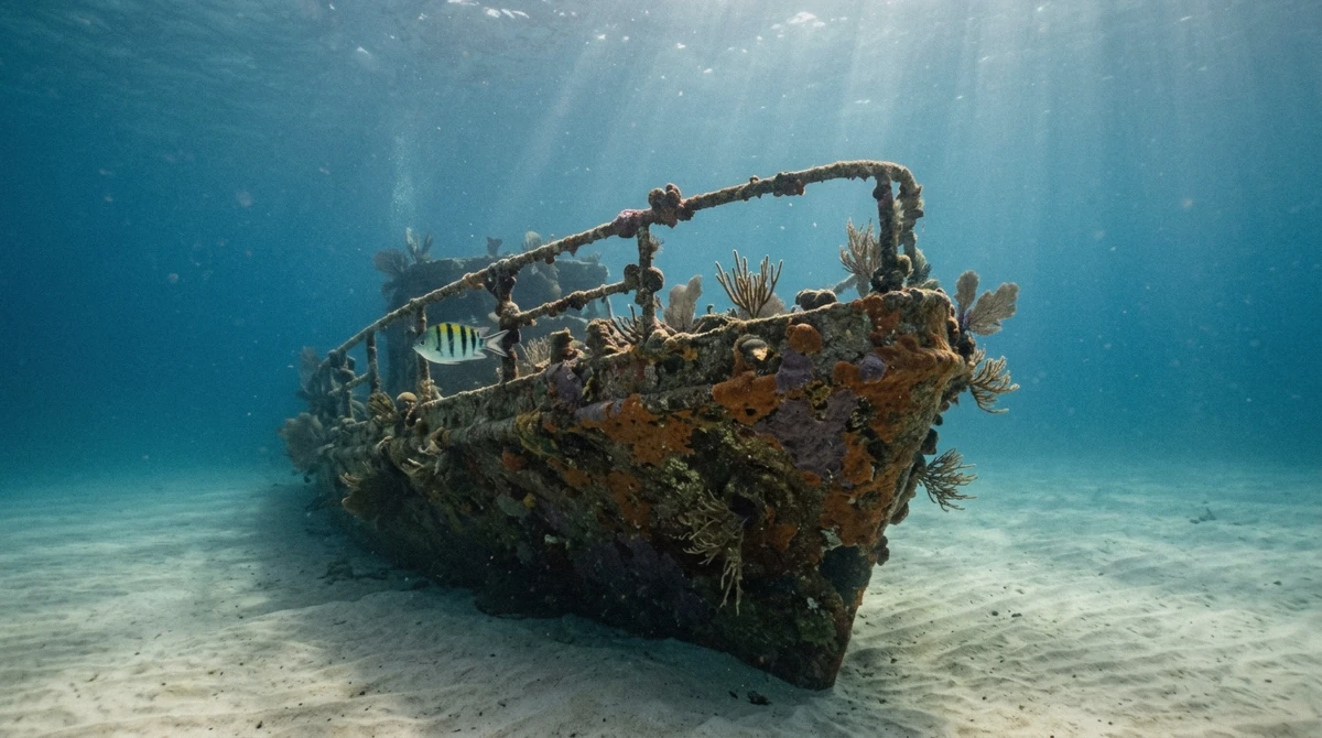 The encrusted bow of a sunken ship on the sand off Cozumel, seen on the transparent boat route of a Cozumel clear boat tour