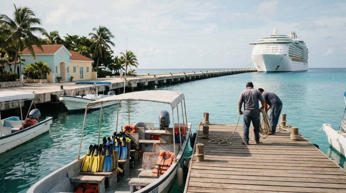 Cruise ships docked at the Cozumel pier with tour boats leaving for Cozumel boat tours along the waterfront