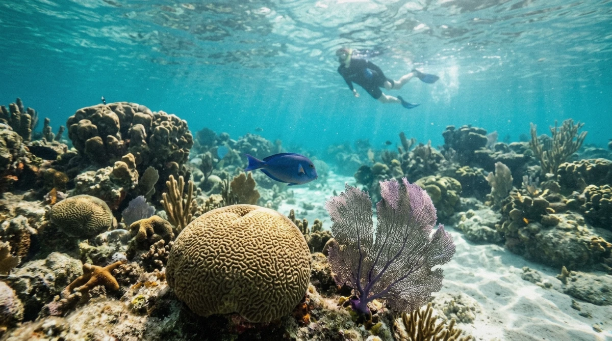 Snorkelers above the shallow coral of Villa Blanca reef on a Cozumel boat tour off the leeward coast